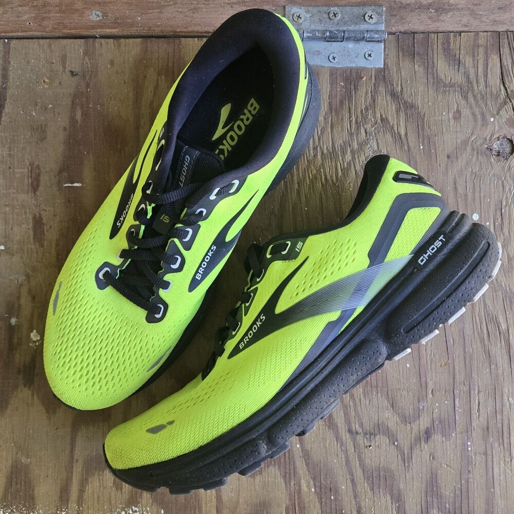 Brooks Ghost 15 Running Shoes Neon Yellow Mesh Mens 9 Athletic Walking Sneakers